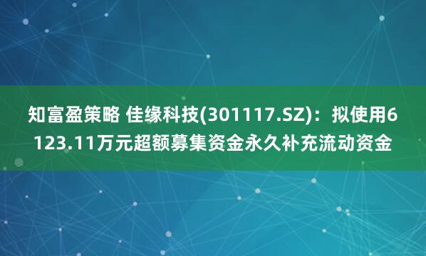 知富盈策略 佳缘科技(301117.SZ)：拟使用6123.11万元超额募集资金永久补充流动资金